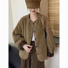 韩版毛茸茸豹纹开衫外套女年秋冬季加厚外穿宽松显瘦棉衣棉服