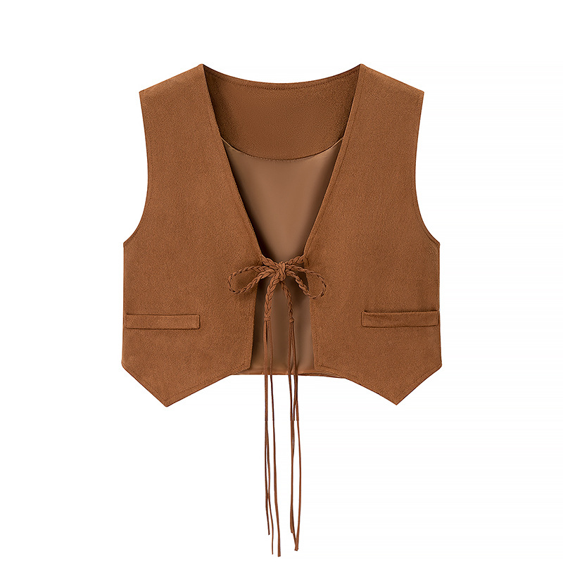 2025 New Summer Style Maillard Style Outer V Neck Lace-Up Vest for Women Versatile Ethnic Style Vest Top