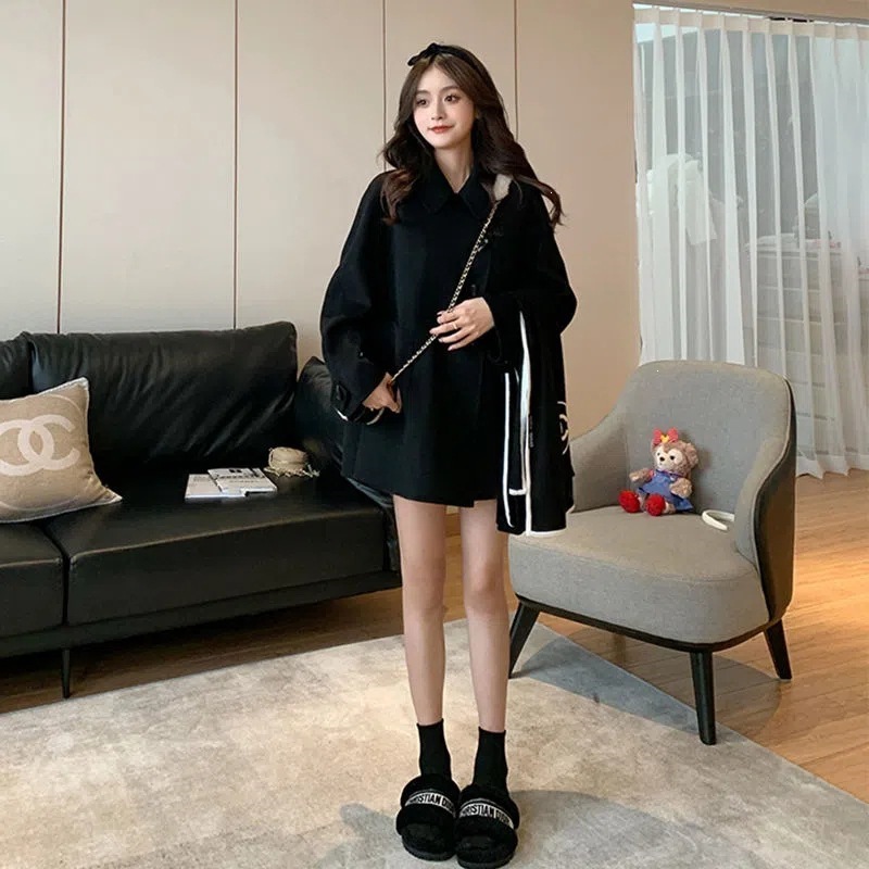 牛角扣呢子大衣年新款早春加厚黑色小个子中长款毛呢外套女