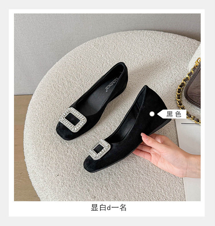 Giày búp bê nữ mũi vuông đính đá, da lộn, đế mềm độn trong, gót xuồng thấp — Màu kaki, Màu nâu, màu đen chi tiết 11