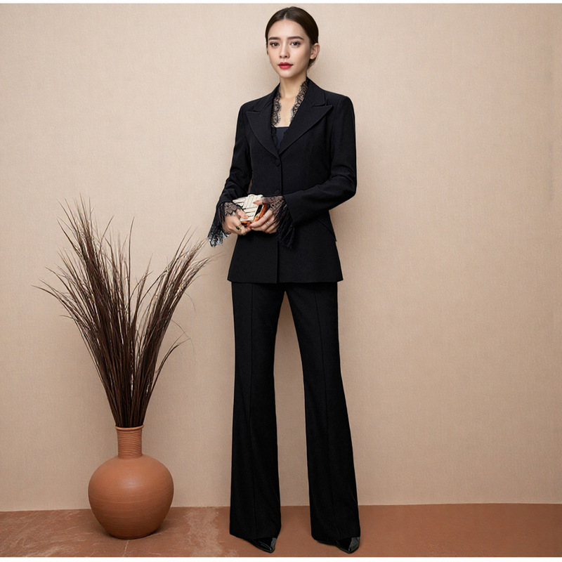 French-Style High-End Lace Drape Anti-Wrinkle Spring and Autumn Women's Suit Set, Elegant Slim-Fit Flared Pants Professional Two-Piece Set French-Style High-End Lace Drape Anti-Wrinkle Spring and Autumn Women's Suit Set, Elegant Slim-Fit Flared Pants Professional Two-Piece Set
