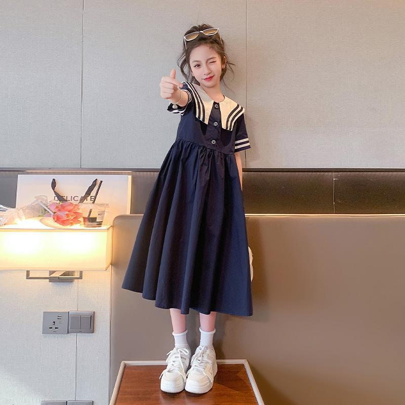 Girl's Skirt Summer 2025 New Style Girl's Western Style Long Skirt College Style Collar Over-the-Knee Primary School Student dress