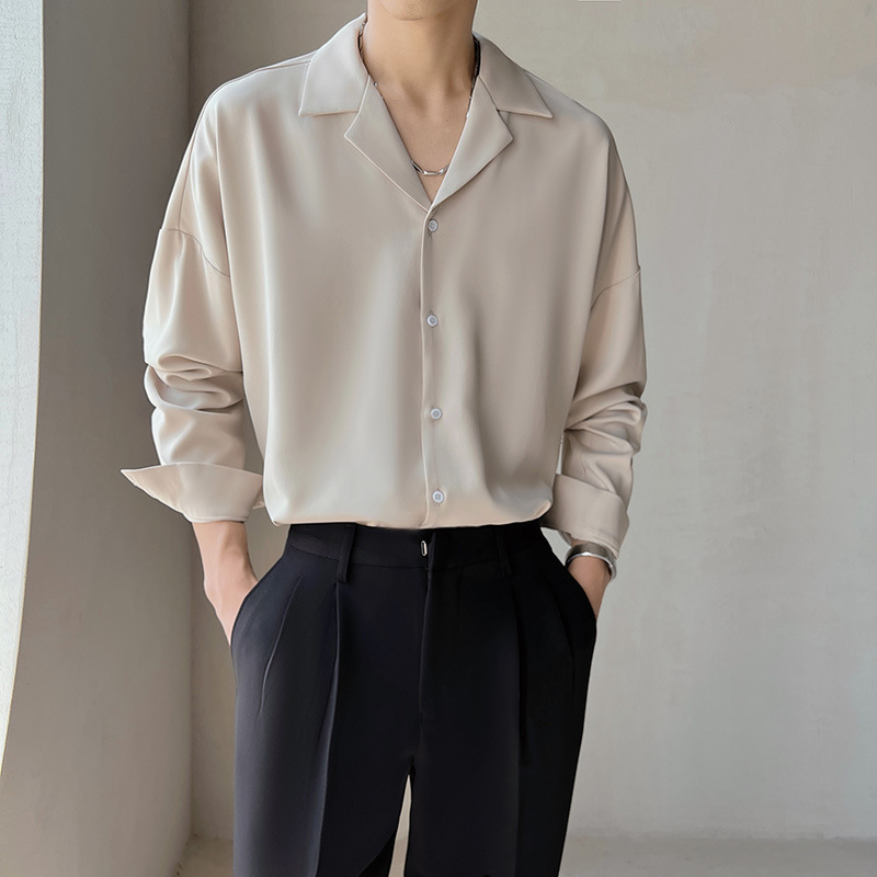 Solid Color Cuban Collar Long-sleeved Shirt Men's Duffy Summer Casual Non-ironing Vertical Smooth Light Mature Style Korean Style Ice Silk Shirt