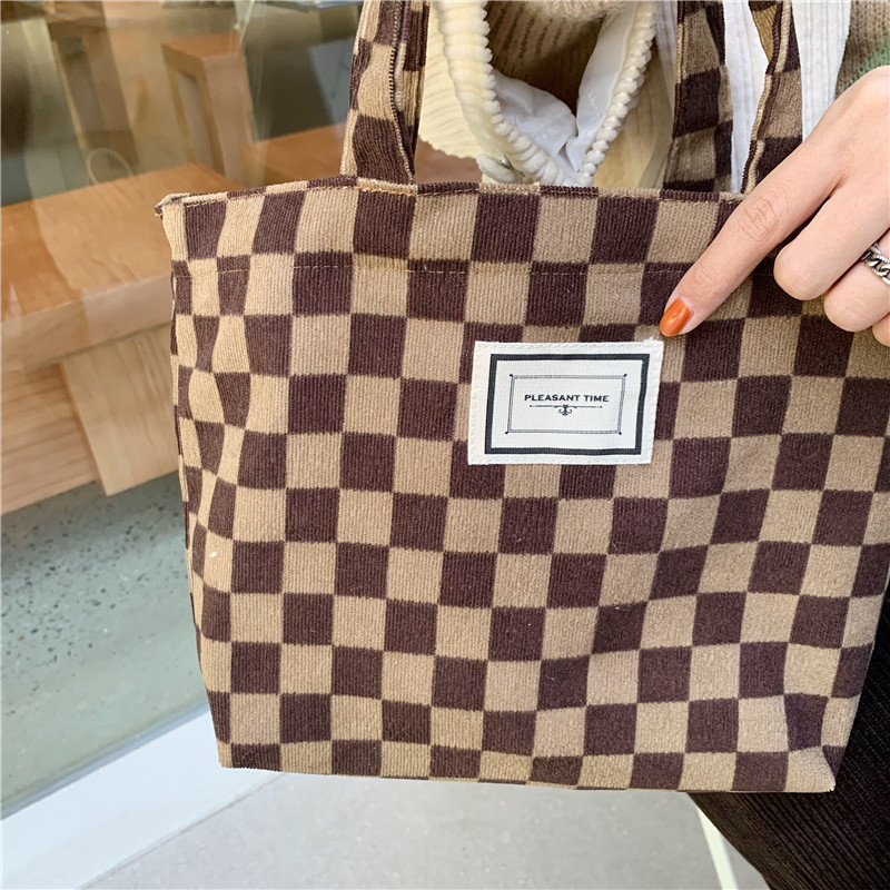 11261 Corduroy checkered hand-held bento Bag, ins Artistic Retro Mommy Bag, small carrying bag for going out, lunch box bag undefined