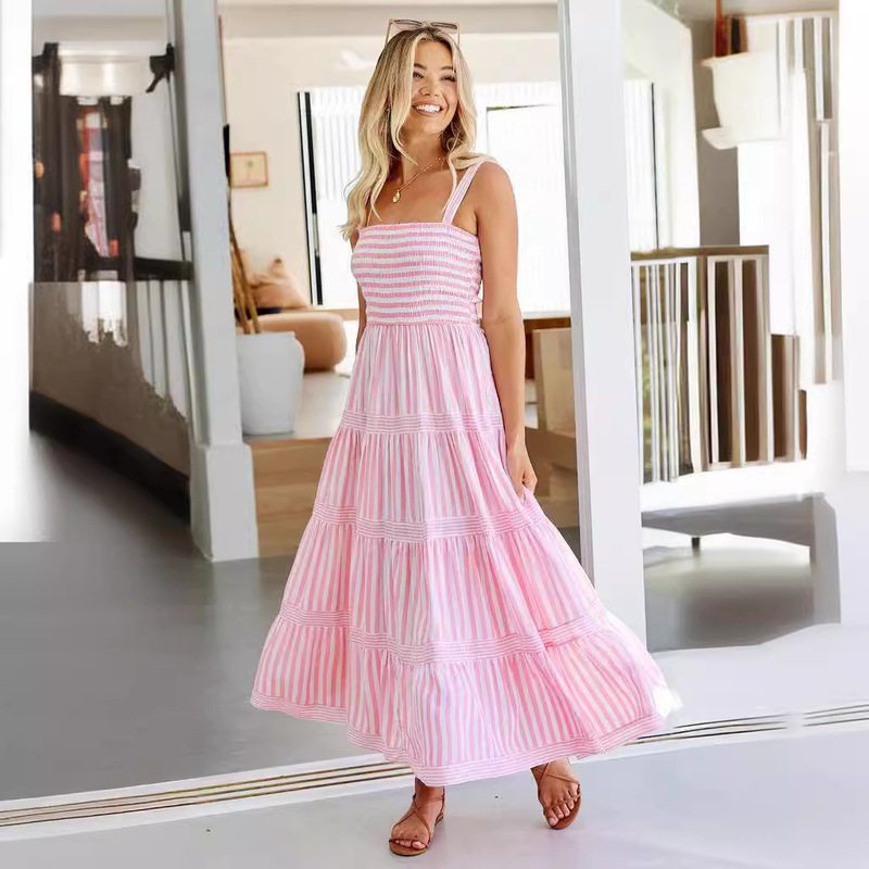 S32254 Cross-border Amazon Summer New European and American Sexy Striped Printed Sling Waist for Holiday dress Women