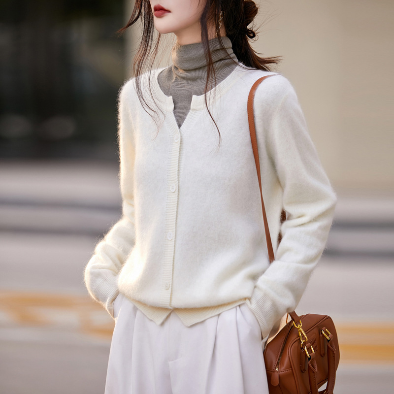 2025新款女士羊绒衫圆领开衫无缝一体100%纯羊毛衫拉毛羊绒毛衣|undefined