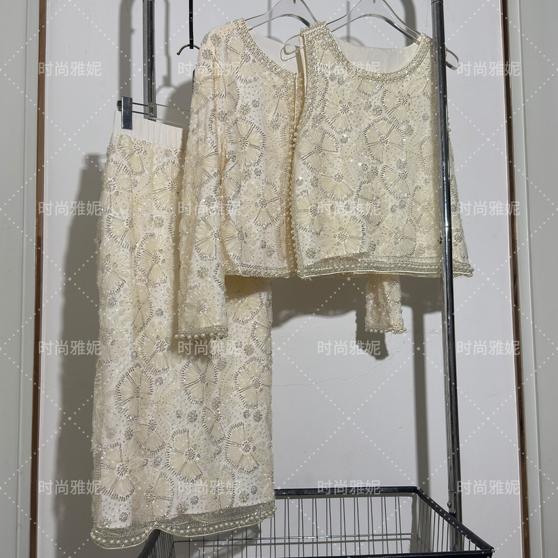 Fashion Yanni Heavy-Duty Sequin Pearl European and American Loose Internet Celebrity Floral Vest Top Skirt Cardigan Jacket Trendy
