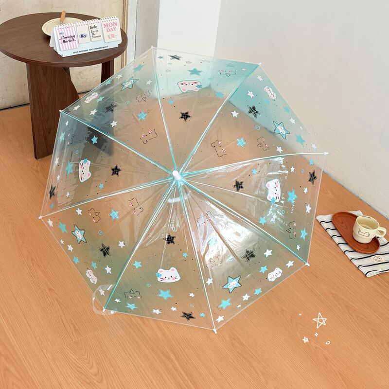 In-Stock Transparent Long-Handle Umbrella with Salt-Style Cat Design, Foldable, High Aesthetic Value, Cute, Specifically for Children and Elementary School Girls