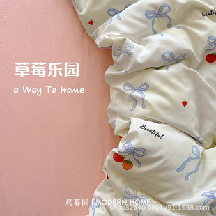 Class A Mother and Child Double-layer Yarn Cotton Bed Sheet Quilt Cover Four-piece Set Cute Cream Cartoon 100 Cotton Three-piece Set Single Person