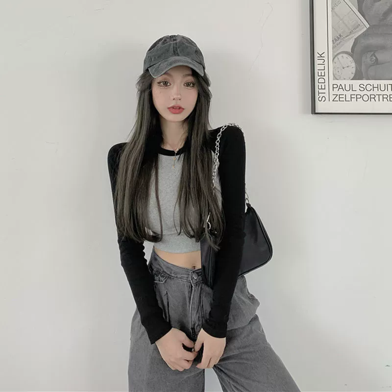 Короткий ретро лонгслив, Slim fit, облегающий, контрастные реглан-рукава (цвет 920)