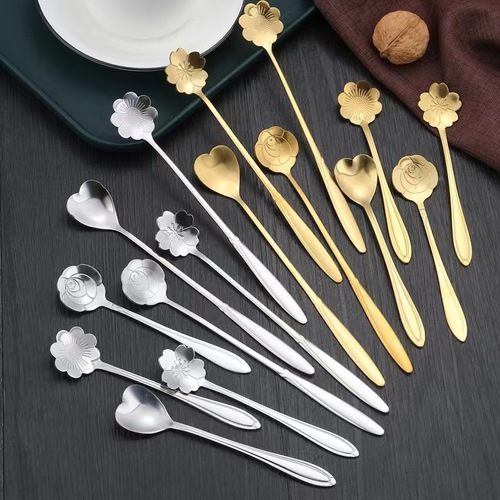 Stainless steel cherry blossom spoon long handle coffee stirring spoon cake dessert spoon bird's nest spoon honey spoon mug spoon
