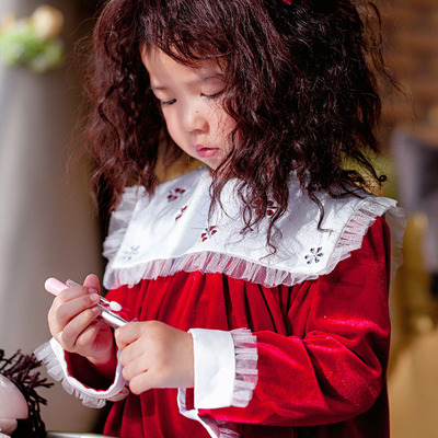 TK21505DR/R 女童装复古网纱烫钻翻领法式袖口丝绒高胸线新年红裙