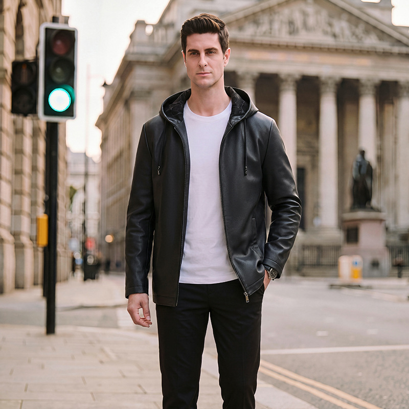 Haining genuine leather jacket for men, new spring and autumn style, hooded leather jacket, slim fit, short style, thickened winter leather coat for men.