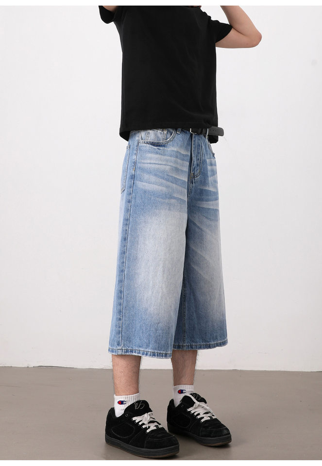 Quần short jeans nam ống rộng dáng lửng phong cách retro giặt mài — Màu xanh dương, Xanh nhạt chi tiết 12