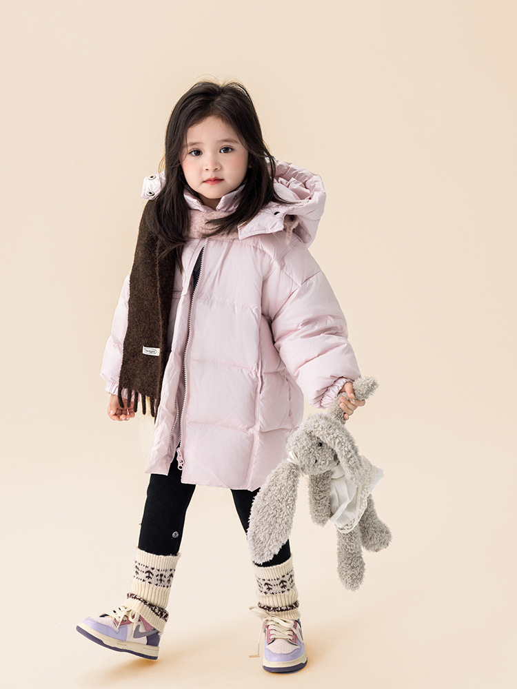 Niños nuevo estándar nacional 90 blanco con capuchón larga ropa de invierno para niñas bebés coreanos abrigo caliente y grueso