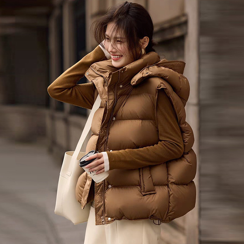 High-End Goose down Vest for Women, Outerwear, 2025 Winter Fashion, Hooded Puff Vest for Petite Figures, Thickened