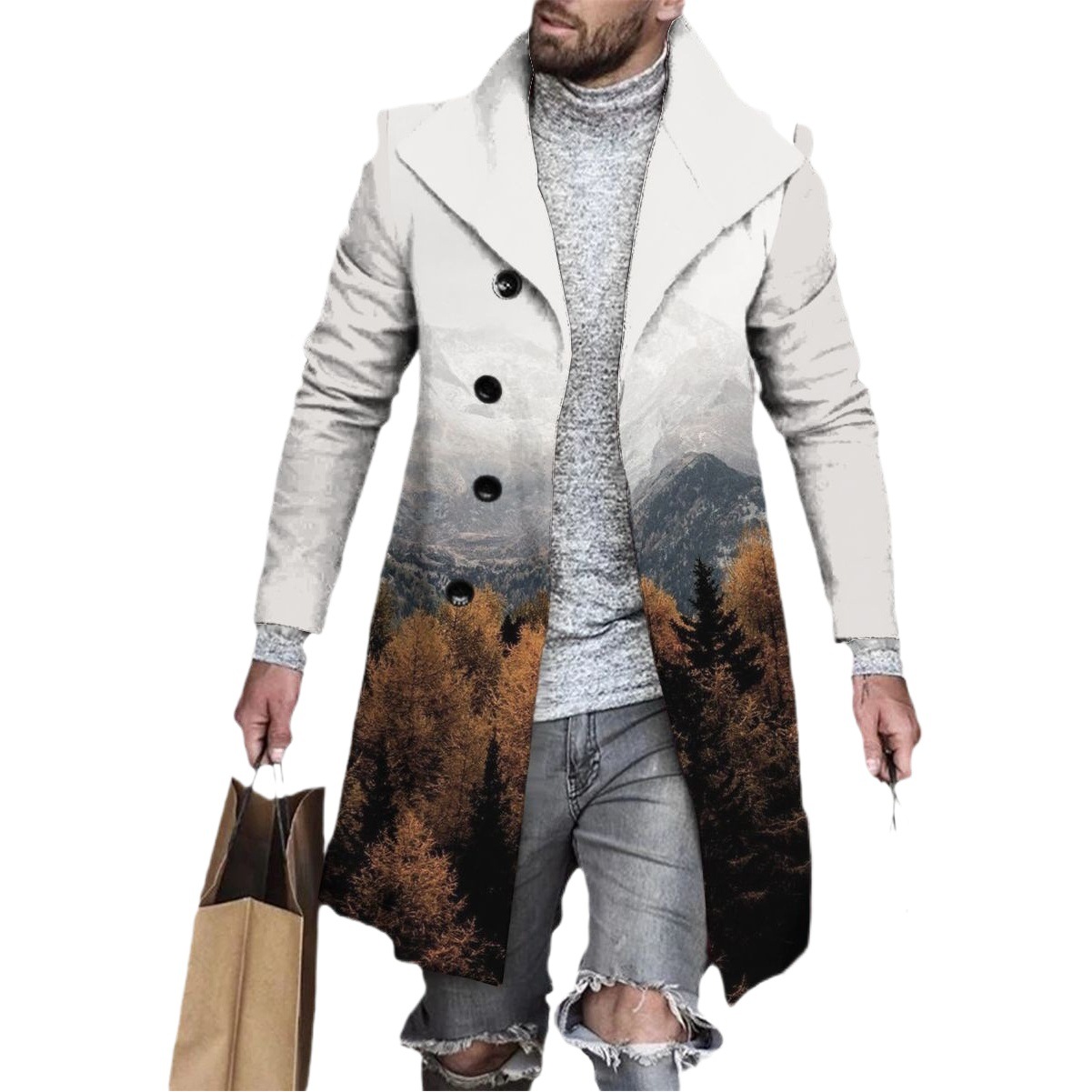 Comercio exterior transfronterizo 2024 otoño nuevo abrigo de lana de solapa impresa Venta caliente ropa de hombre de longitud media