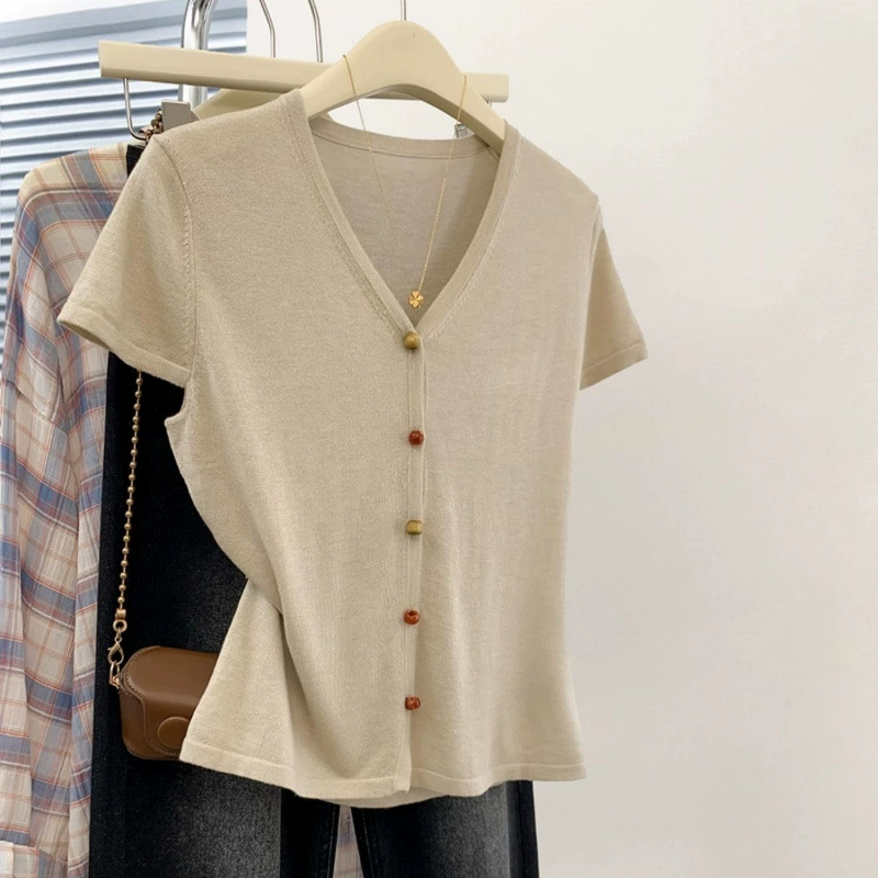 100kg Носимая трикотажная футболка большого размера с v-образным вырезом и короткими рукавами для женщин, летний пуловер с летающими рукавами, топ из ледяного шелка, рубашка, закрывающая живот