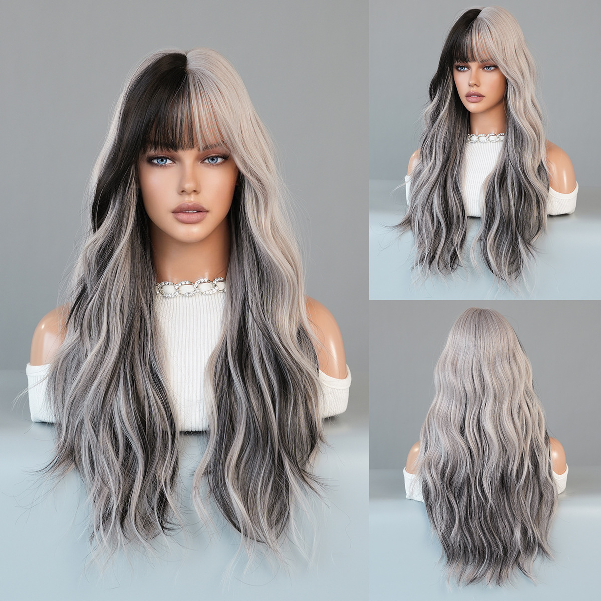 Multi Color Gradient European American Style Long Wig With Bangs Water Ripple Pattern Machine Made Chemical Fiber High Temperature Silk_voghion.com