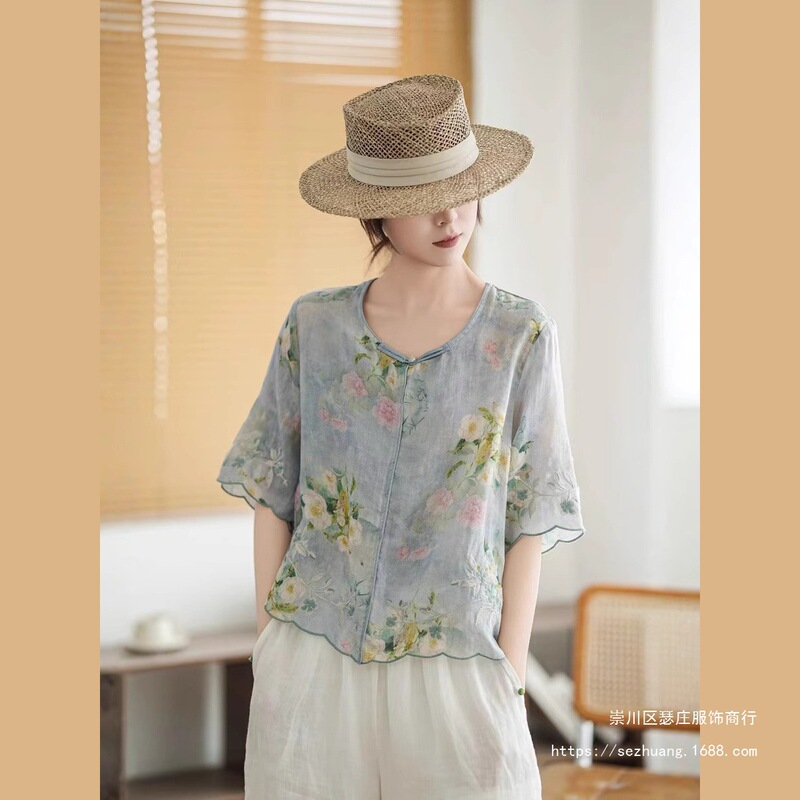 National Style Lace Sleeve Ramie Shirt for Women, Petite Short-Sleeve Top, 2026 Summer New Digital Print Thin Shirt