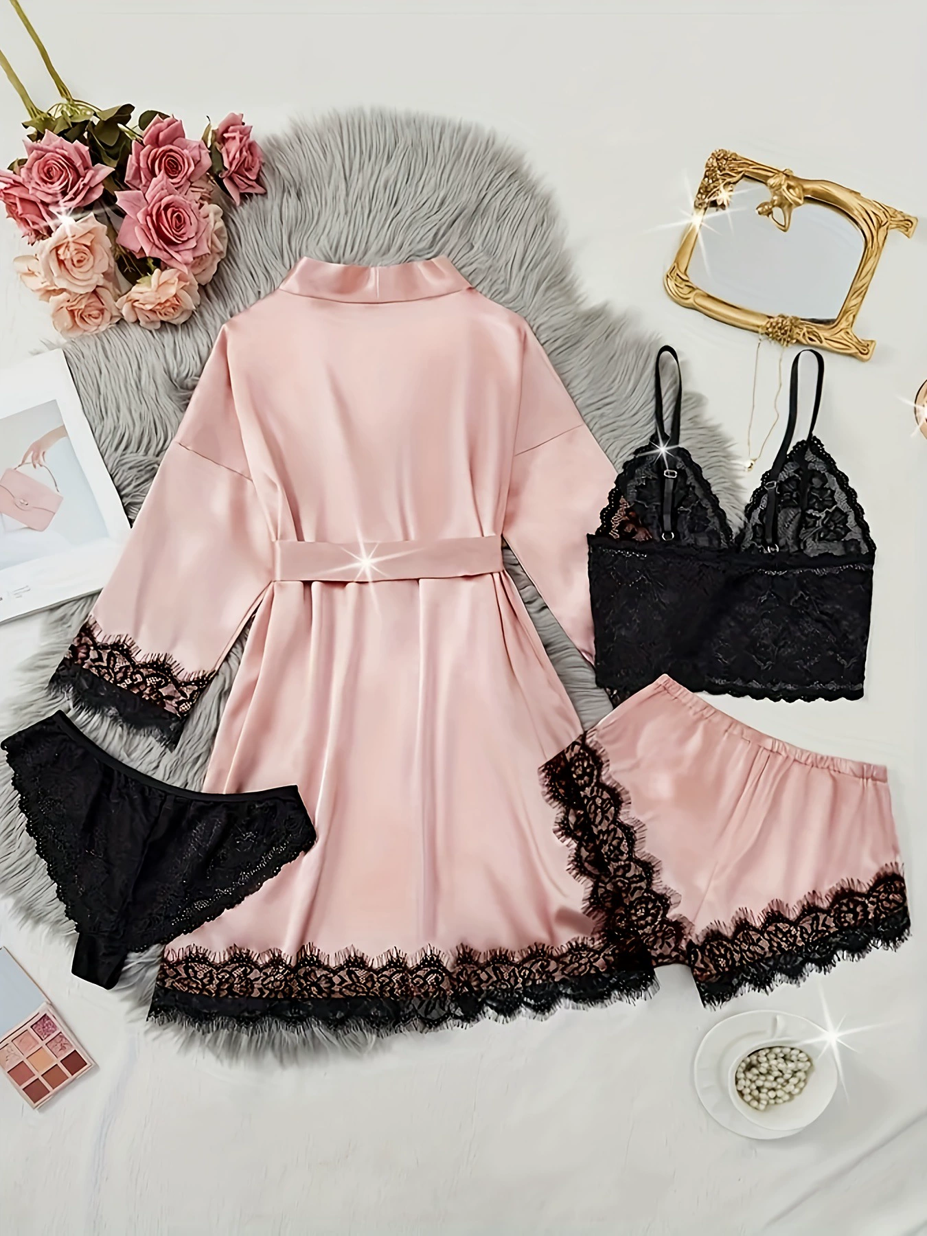 Женский ледяной кружевной комплект ночной сорочки с рукавами 3/4