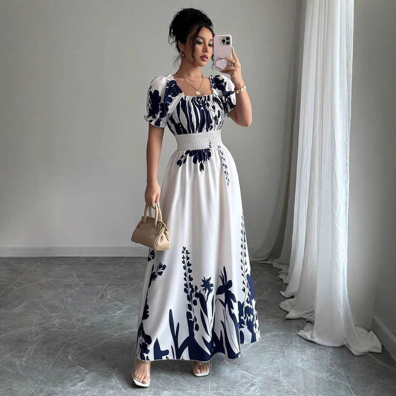 2025 Summer Amazon European and American New Style Puff Sleeve High Waist Printed Women's Swing Strap Dress 2025 Summer Amazon European and American New Style Puff Sleeve High Waist Printed Women's Swing Strap Dress