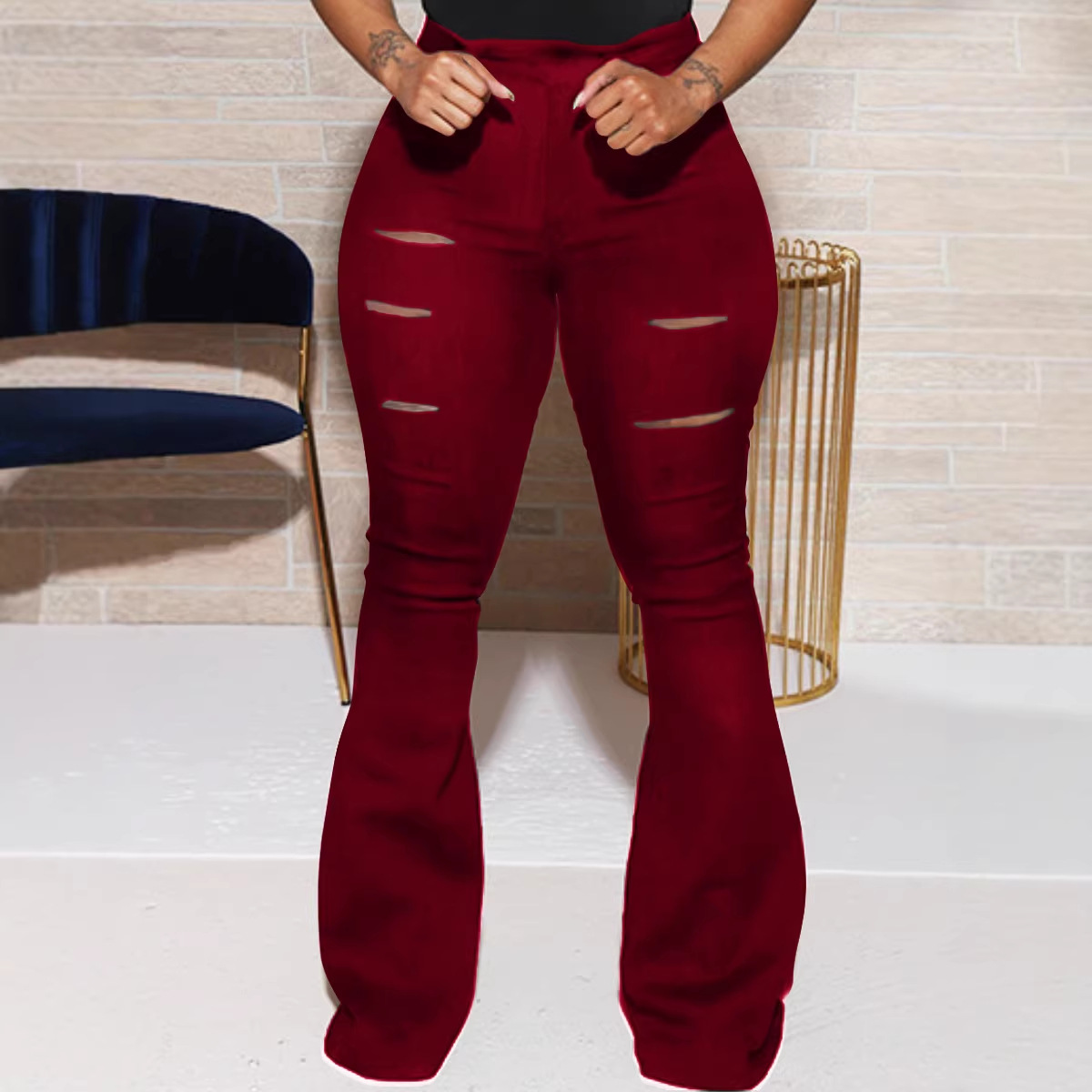 28008-2 popular ropa de las mujeres europeas y americanas clásicas de alta cintura corte flor arrancó pantalones micro pantalones las mujeres ventas directas de la fábrica