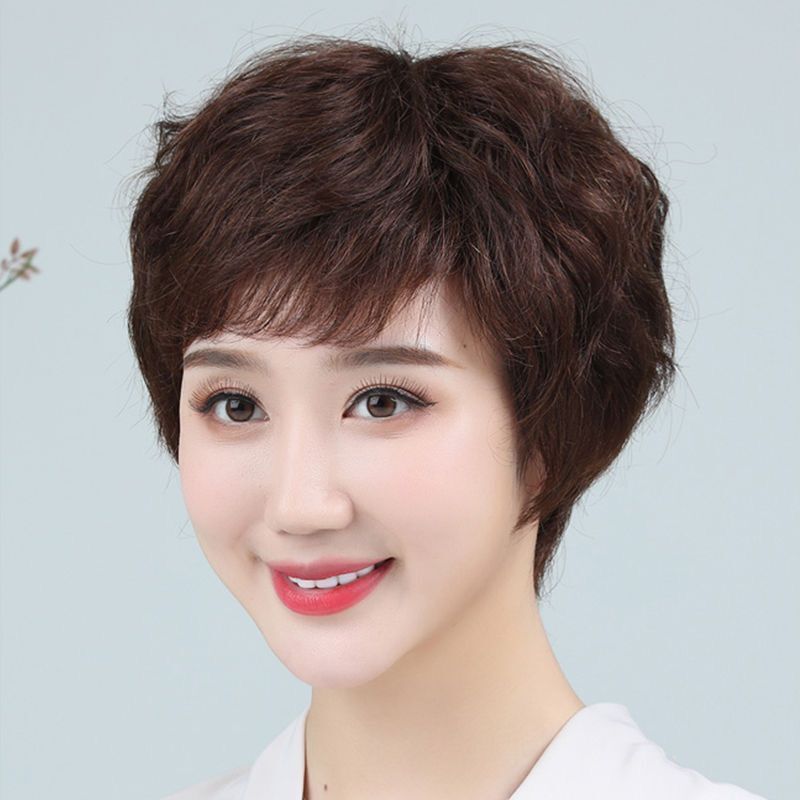Wig Women's Short Hair Mother's Real Hair Full Headset Style Women's Middle-aged and Elderly Real Hair Silk Full Real Hair Set Natural Hairstyle