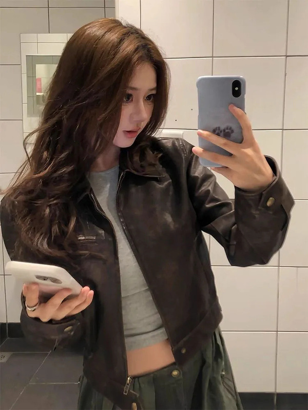复古美式酷飒风咖色翻领皮衣外套女秋季小众短款PU皮机车夹克上衣|undefined