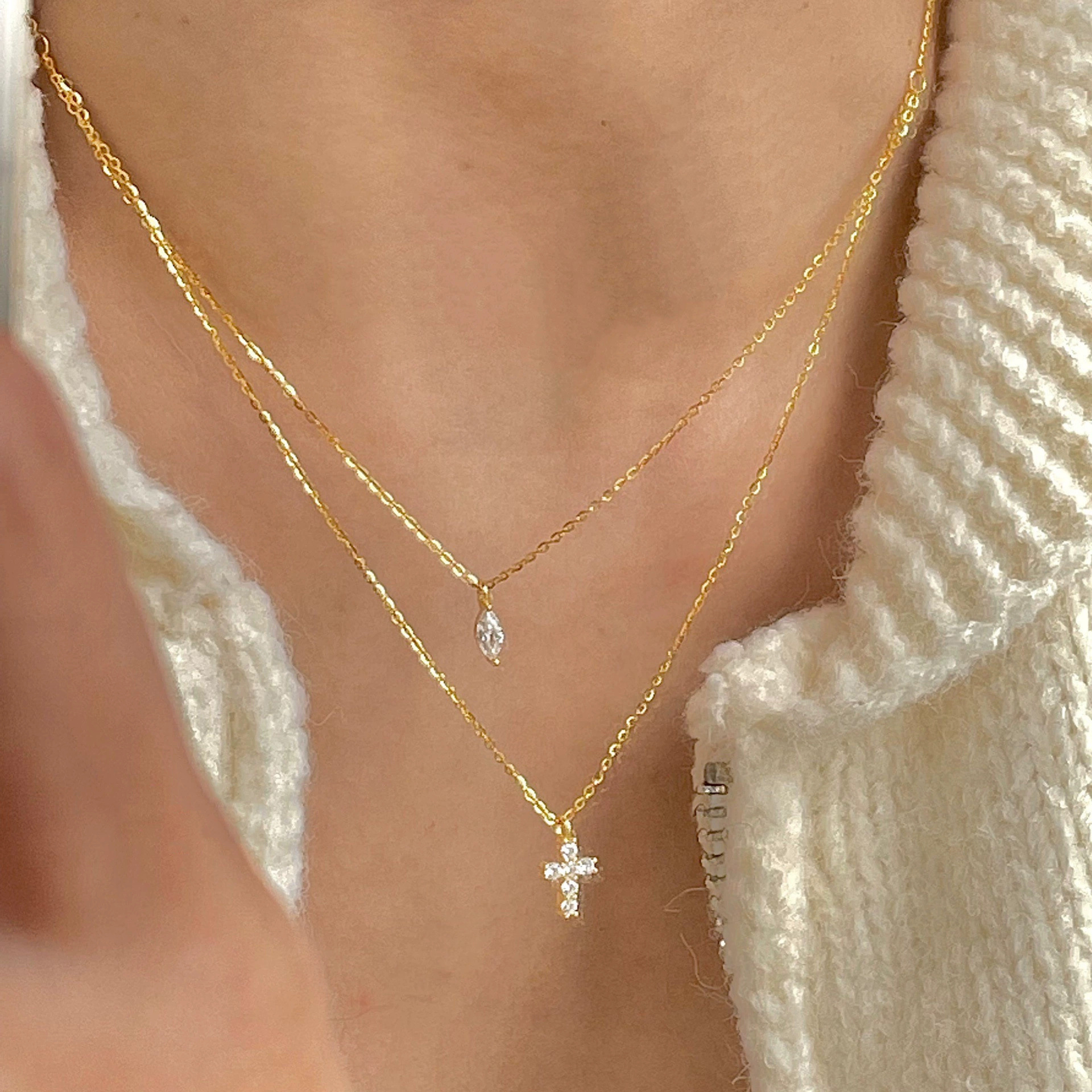 Modern Style Cross Sterling Silver Zircon Double Layer Necklaces In Bulk display picture 2