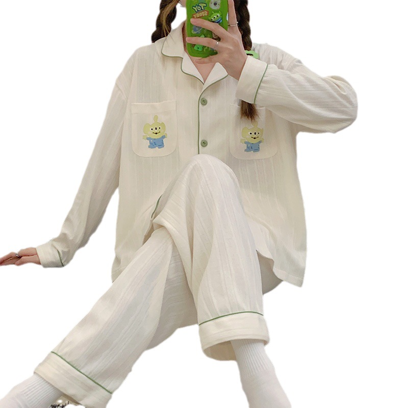 Pijamas simples frescos de las mujeres de algodón peinado Jacquard de otoño e invierno de manga larga cardigan linda chica dulce traje de desgaste para el hogar