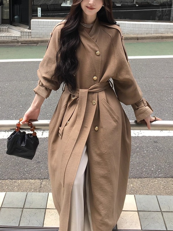 巨好看风衣女2025新款中长款外套高个子亚麻大衣早秋穿搭|undefined