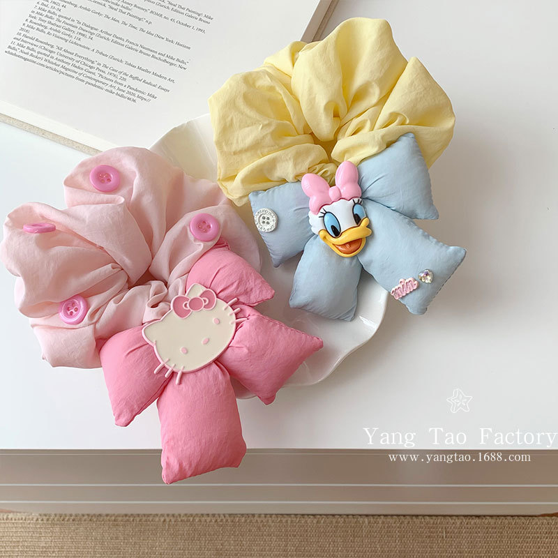 Linda caricatura rosa kitty bowknot intestino grueso anillo para el cabello femenino coreano de alta gama todo-fósforo tocado accesorios para el cabello