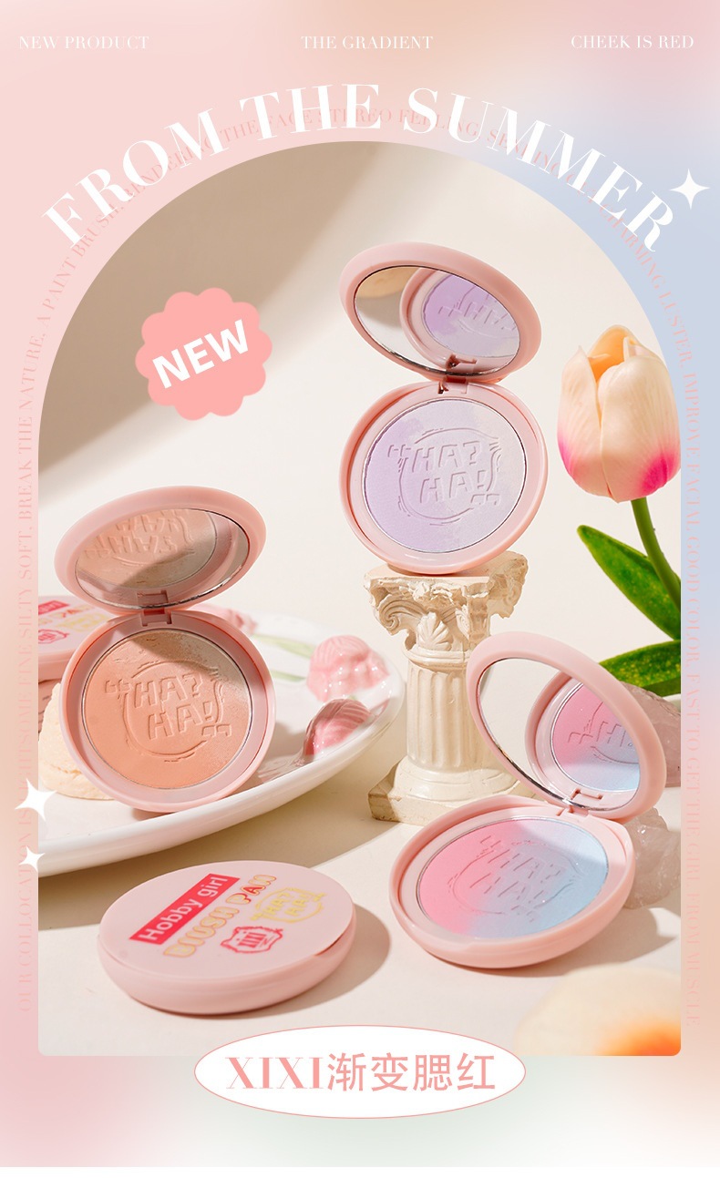 xixi's energetic summer gradient blush palette brightens up the natural nude makeup with a slightly tipsy blue and purple blush. Affordable blush for students full figure