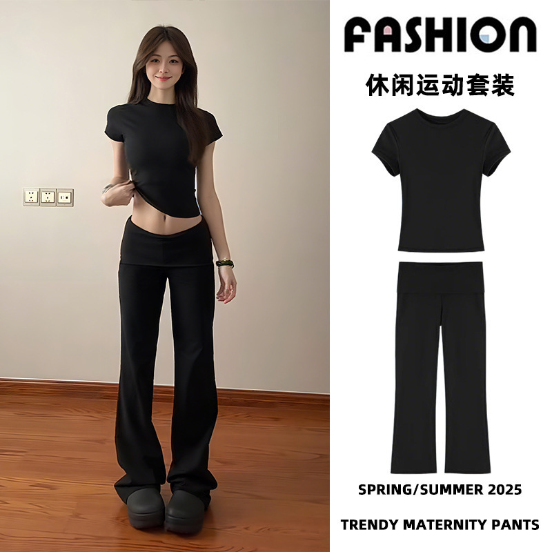 Casual Sports Suit for Women, High-Waisted, Slimming, Petite, Black, Spicy Girl, Narrow Version, Wide-Leg, Flared Pants, Short-Sleeve T-Shirt