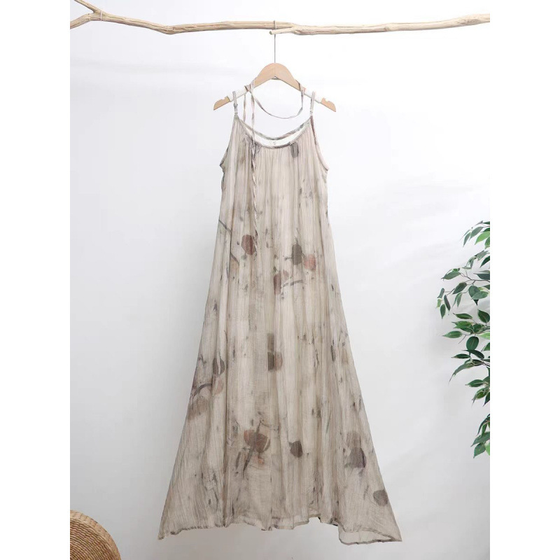 Leaf Print Plant-Dyed Long Strap Dress with Belt in New Chinese Style, Cool and Elegant Floral Print Tank Dress