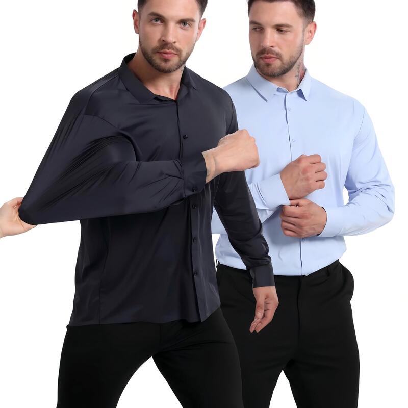 Chuanlu High-Elastic Cross-Border Men's Long-Sleeve Shirt, Double-Sided Sun Protection, Silky, Wrinkle-Free, Large Size, Business Commuter Shirt