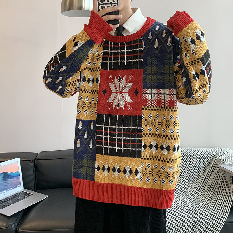 Japanese knitted sweater with a round collar