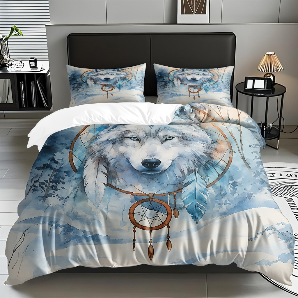 TEMU / JIT adaptado al patrón de lobo impresión digital set edredón molido textil transpirable para dibujar puede hacer