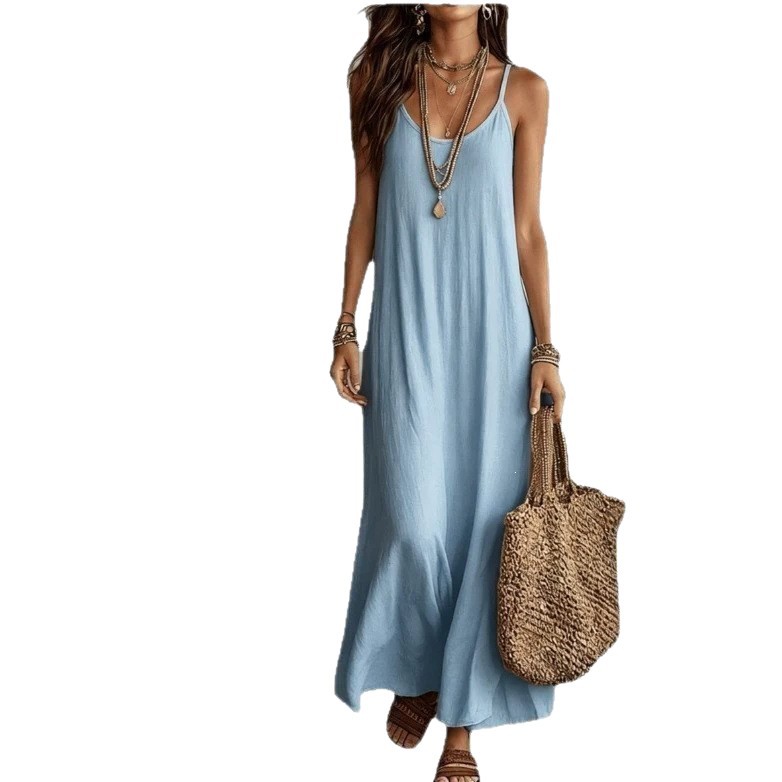 2026 New Cross-Border Relaxed Bohemian Style Yunnan Dali Vacation Style Solid Color Spaghetti Strap V-Neck Women's Beach Dress V