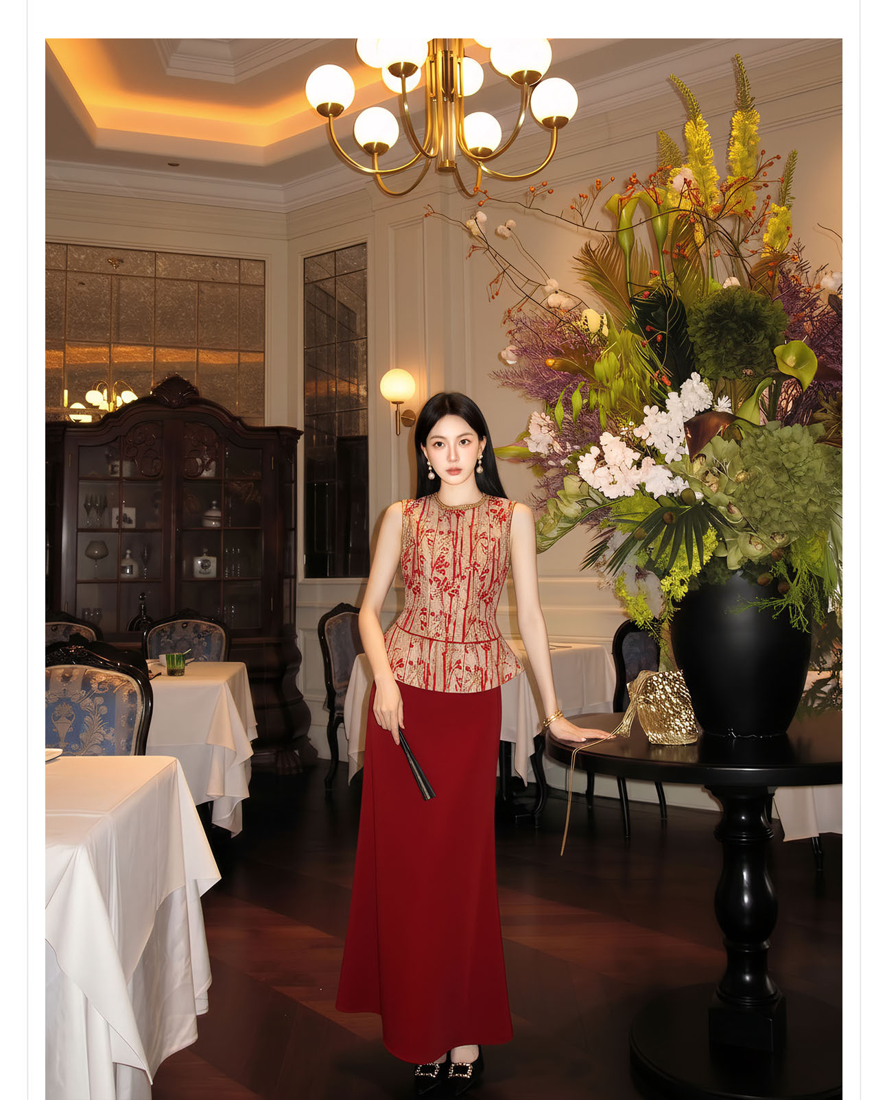 Set áo vest không tay và chân váy midi họa tiết thêu hoa văn cổ điển Trung Hoa — bộ đồ, nửa váy, Trang chủ chi tiết 8