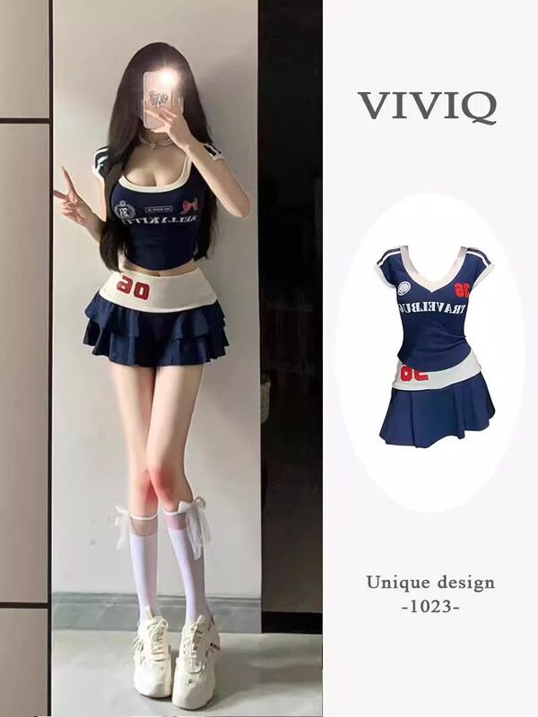 American College Style Casual Sports Style Suit for Women, Spring Sexy U-Neck Short-Sleeved Top, A-Line Short Skirt Two-Piece Set
