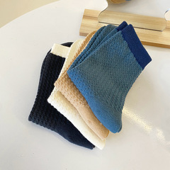 Women's New Autumn Mid-Calf Socks with Color Block Stripes, Solid Color Cotton Socks, Simple and Versatile, Japanese Style Massage Socks for Girls, School Style