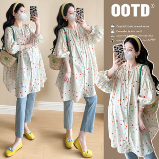 2025 Spring Maternity Dress Fresh Sweet Dot Shirt New Korean Style Loose Belly Covering Aged Pregnant Women Shirt