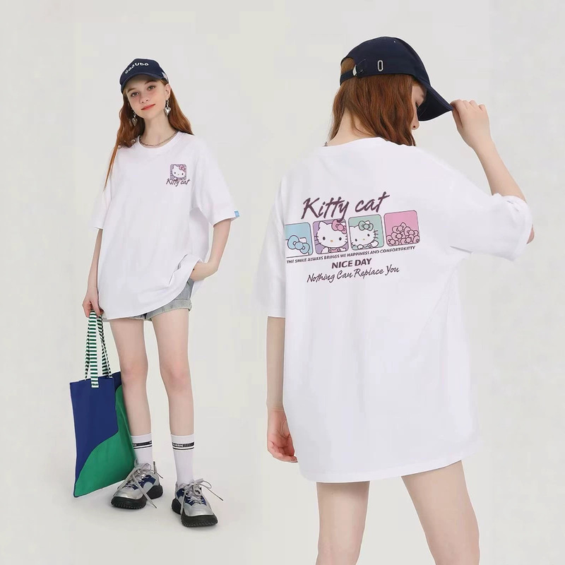 2026 Summer New Kitty Cat Print Loose-Fit Short-Sleeve T-Shirt for Women, Round Neck, Casual, Versatile, Cartoon Top, Trendy