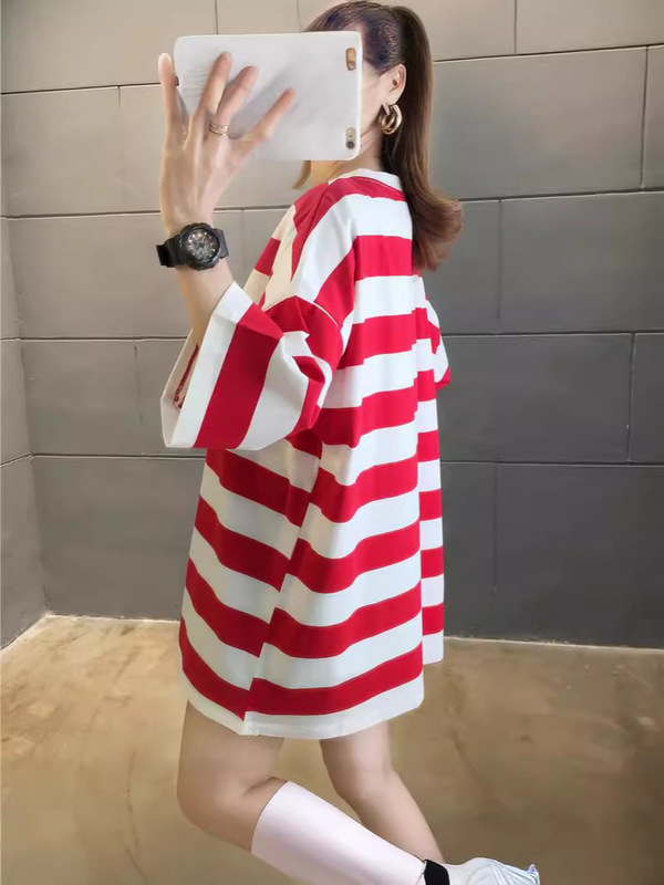 2024夏の女装百合縞ゆるい中長のtシャツ女性半袖が痩せているシャツins潮女性半袖|undefined