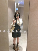 韩系穿搭套装立体花朵衬衫女秋季重工刺绣牛仔连衣裙甜美风两件套