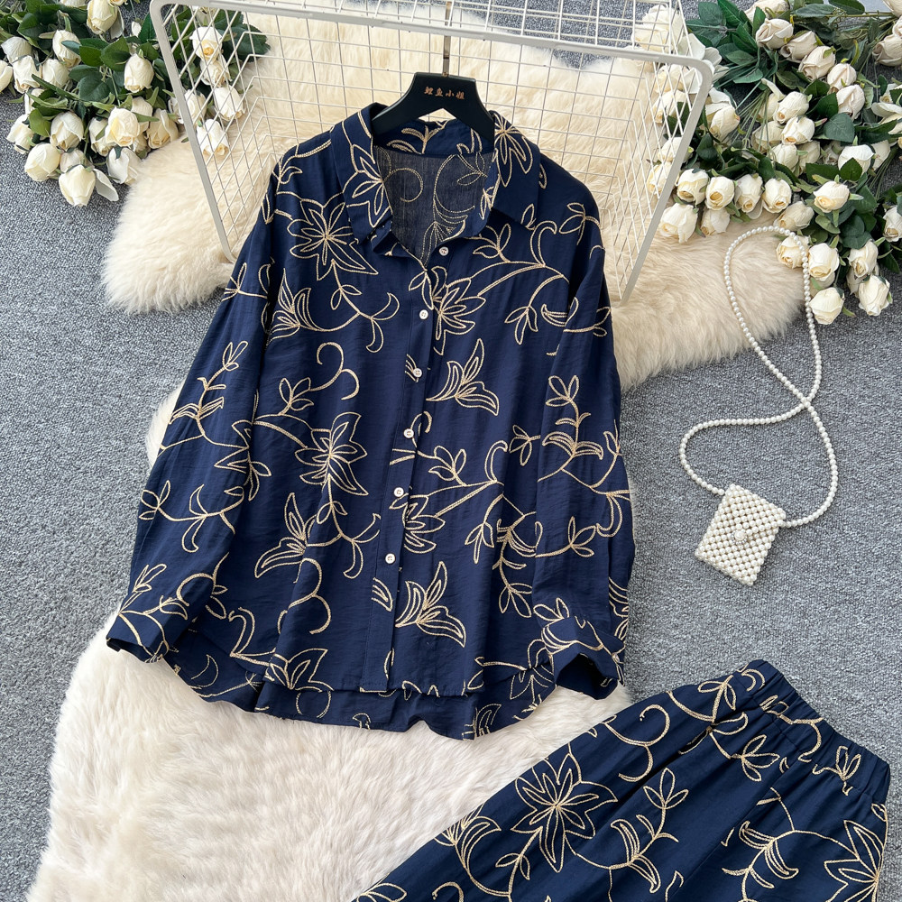 Women's Leaf Embroidery Two Piece Set Cardigan And Wide Leg Pants Slimming Versatile Autumn 2026 Commuting Clothing_ecoleips.com