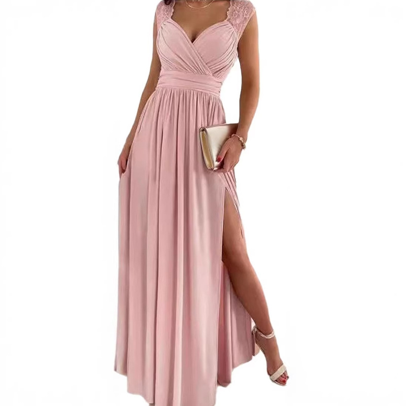 Amazon Foreign Trade Women's Sexy Wrap V-Neck Dress Off-Shoulder Empire Waist Bridesmaid Wedding Guest Long Dress
