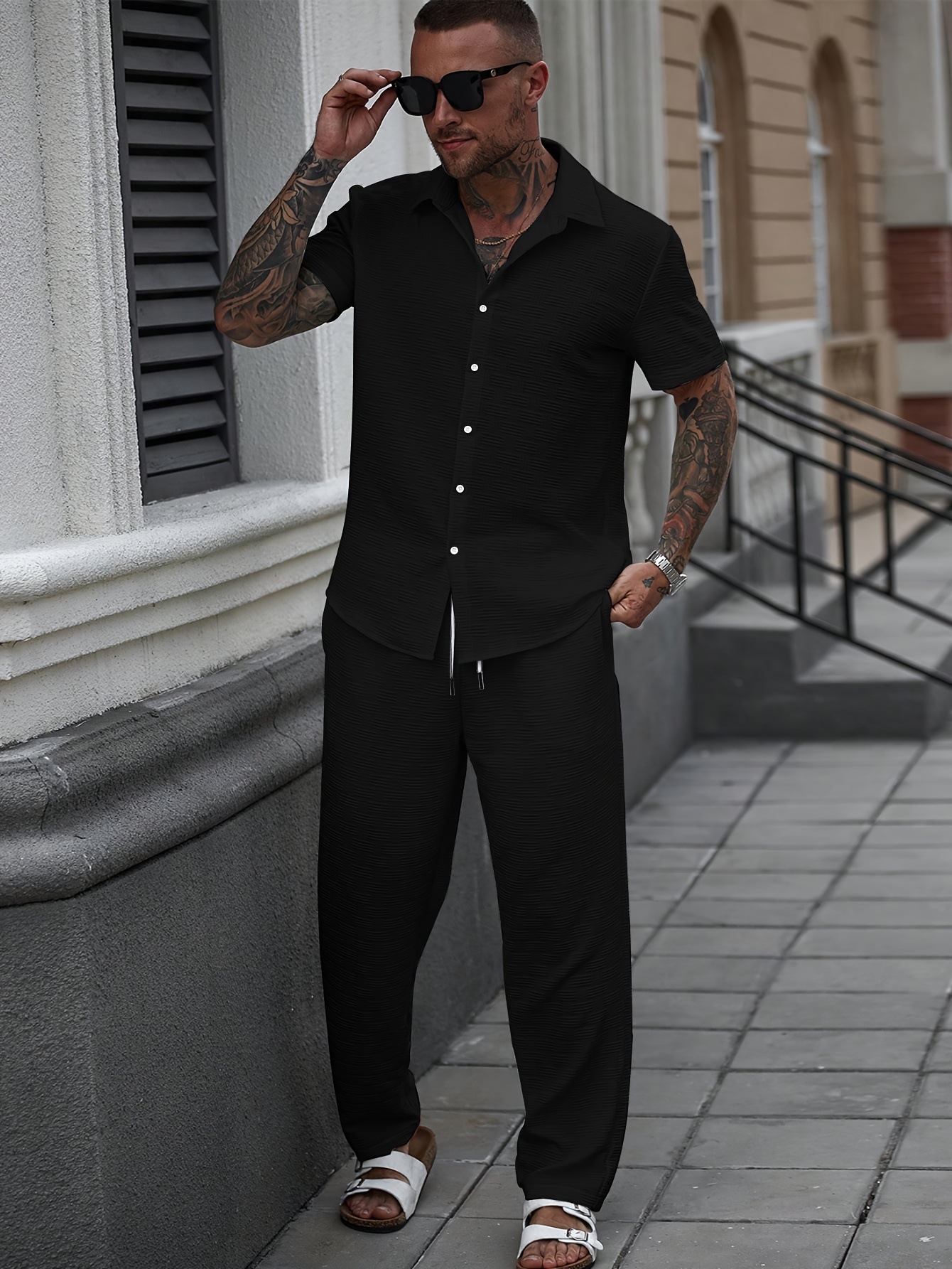 Men's Solid Color Summer Casual Set Single-Breasted Short Sleeve Shirt And Pants Outfit_viptrois.com